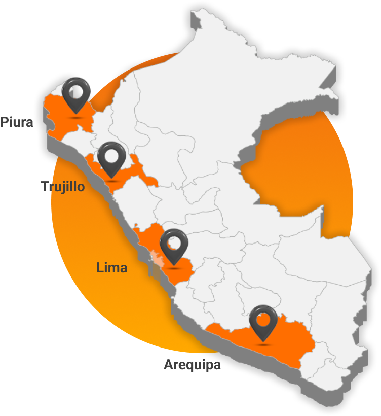 Mapa del Perú con las ciudades donde BANPRO tiene sucursales: Piura, Trujillo, Lima y Arequipa